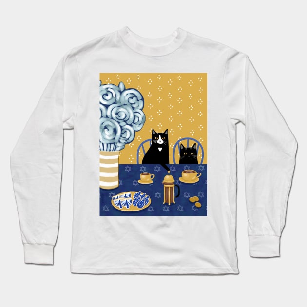 Hanukkah French Press Coffee Cats Long Sleeve T-Shirt by KilkennyCat Art